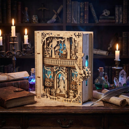 Puzzle 3D en bois thème Coffre à grimoire de sorcier, vue Ambiance Nuit, éclairage Interne mettant en valeur la maquette