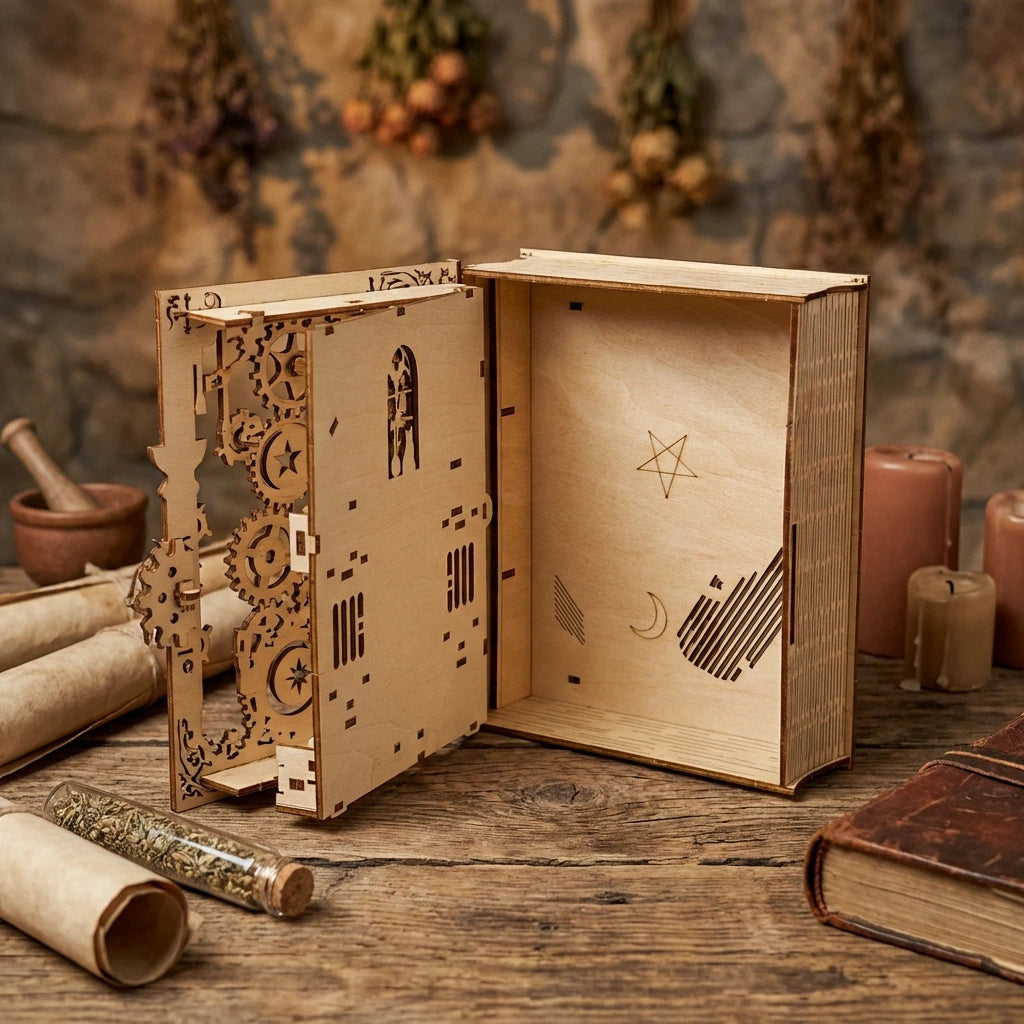 Puzzle 3D en bois thème Coffre à grimoire de sorcier, Vue boite ouverte, éclairage externe mettant en valeur la maquette