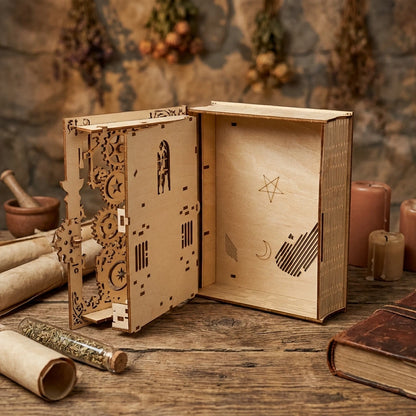 Puzzle 3D en bois thème Coffre à grimoire de sorcier, Vue boite ouverte, éclairage externe mettant en valeur la maquette
