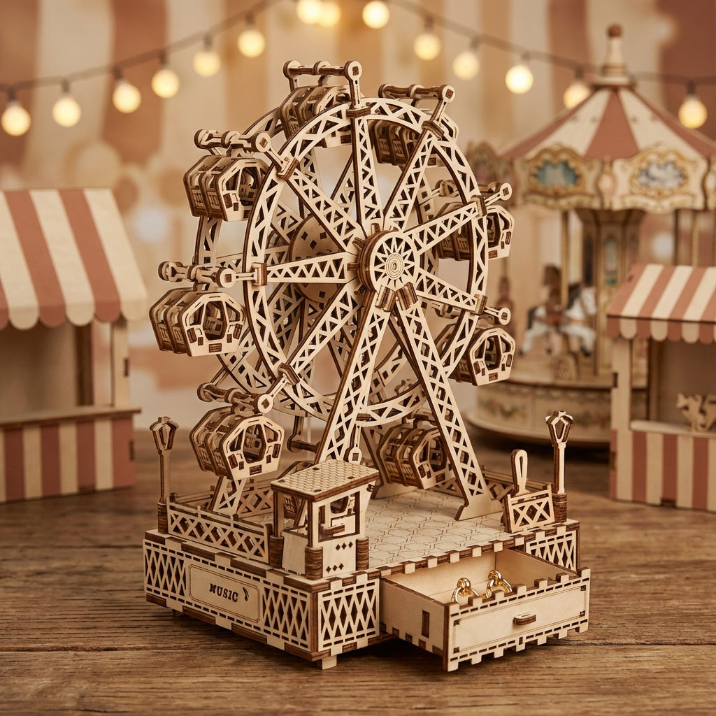 Puzzle 3D en bois thème Fête Foraine Rétro, vue Angle 45°, éclairage externe mettant en valeur la maquette, décoration Nook-It, boite à bijoux