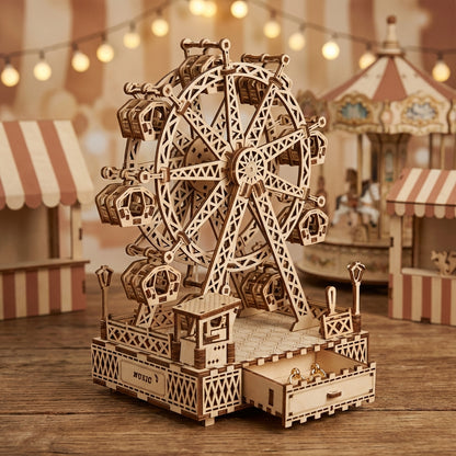 Puzzle 3D en bois thème Fête Foraine Rétro, vue Angle 45°, éclairage externe mettant en valeur la maquette, décoration Nook-It, boite à bijoux