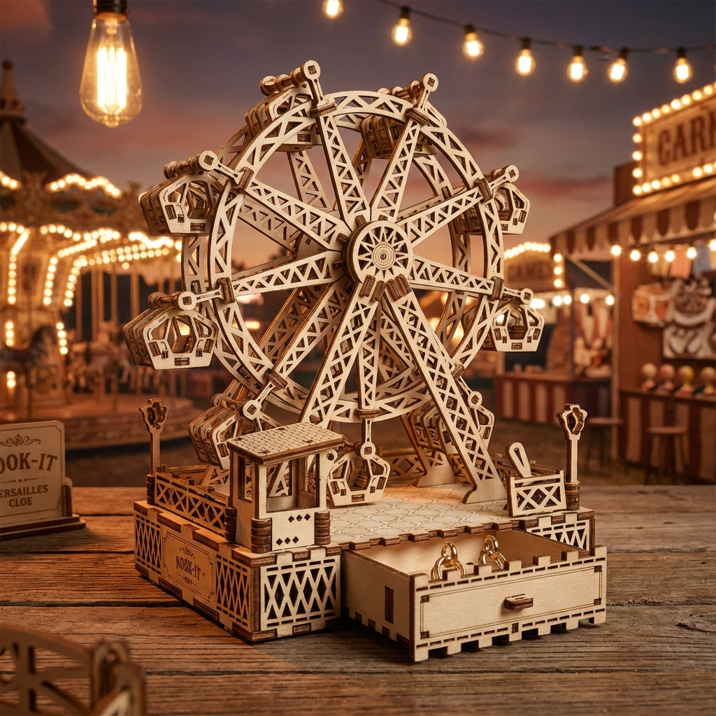 Puzzle 3D en bois thème Fête Foraine Rétro, vue Ambiance Nuit, éclairage externe mettant en valeur la maquette, décoration Nook-It, boite à bijoux