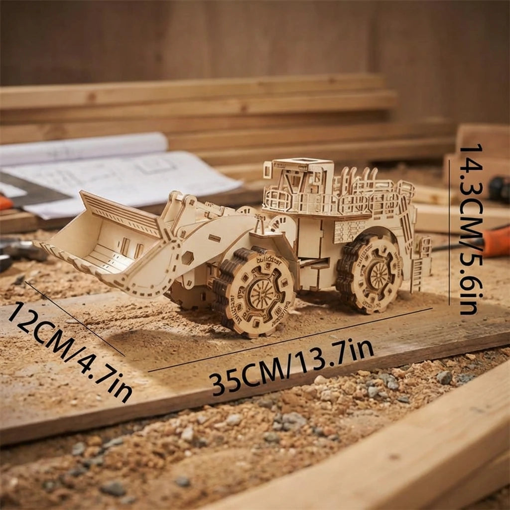 Puzzle 3D en bois thème Véhicule de chantier, vue avec Dimensions, éclairage externe mettant en valeur la maquette, décoration
