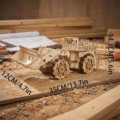 Puzzle 3D en bois thème Véhicule de chantier, vue avec Dimensions, éclairage externe mettant en valeur la maquette, décoration