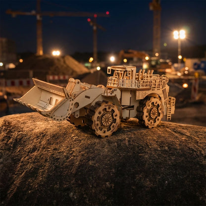 Puzzle 3D en bois thème Véhicule de chantier, vue Ambiance Nuit, éclairage externe mettant en valeur la maquette, décoration