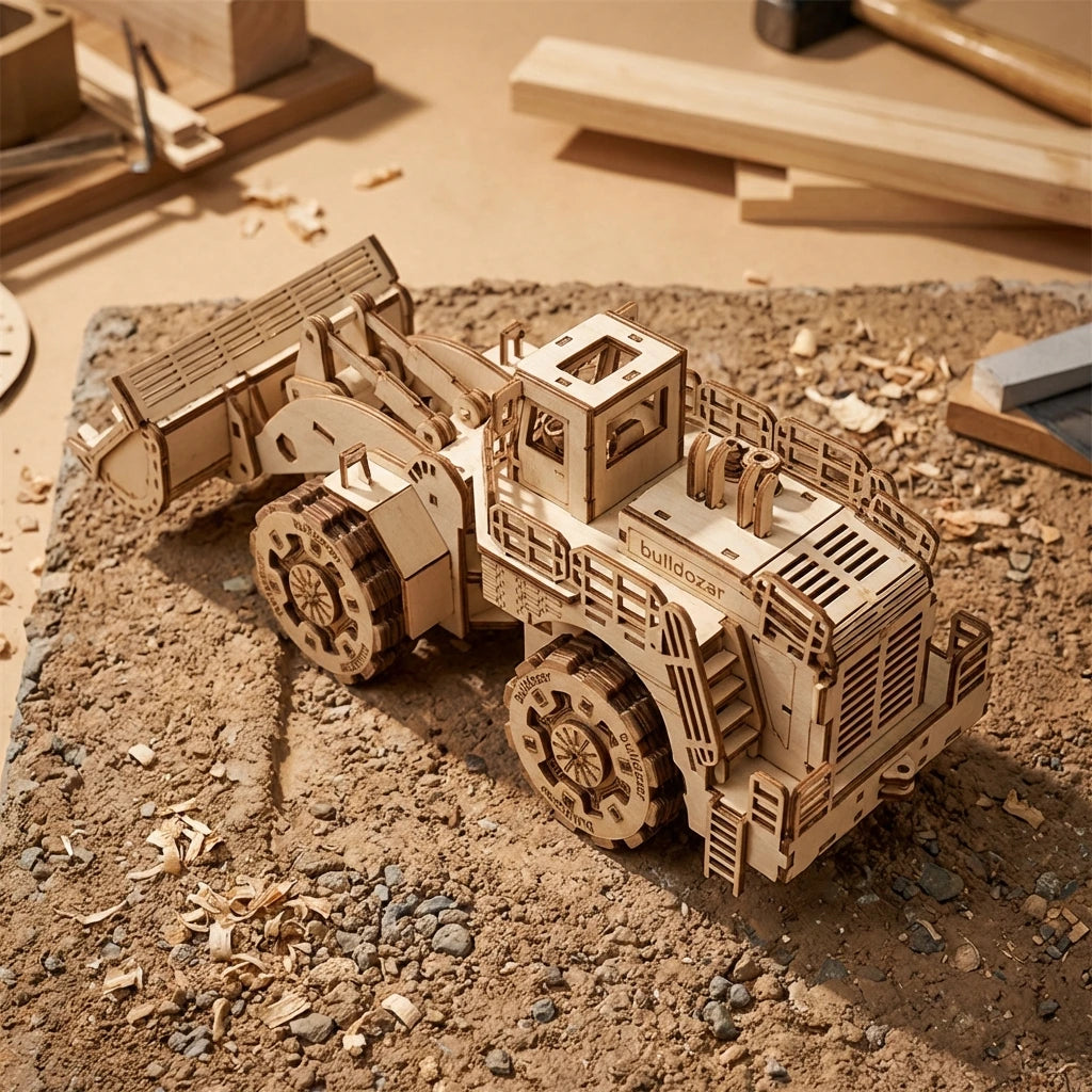 Puzzle 3D en bois thème Véhicule de chantier, vue Vue Plongeante, éclairage externe mettant en valeur la maquette, décoration