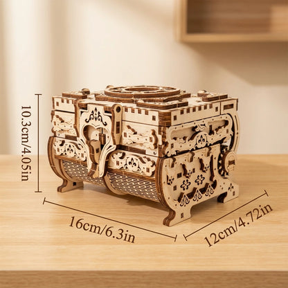 Puzzle 3D en bois thème Boîte à bijoux, vue avec Dimensions, éclairage externe mettant en valeur la maquette, décoration