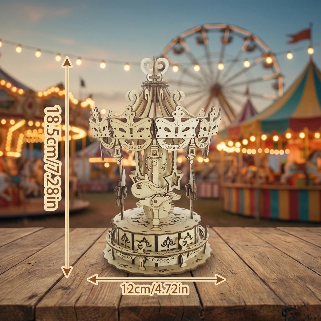 Puzzle 3D en bois thème Fête Foraine Rétro, vue avec Dimensions, éclairage externe mettant en valeur la maquette, décoration