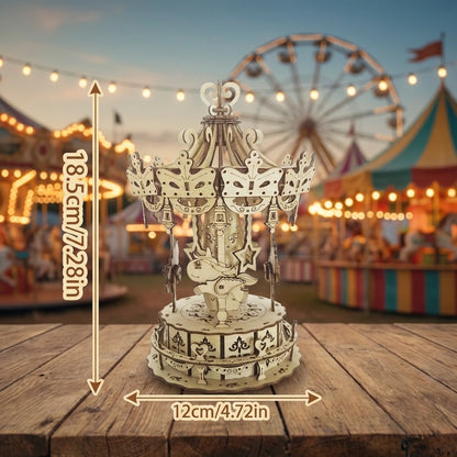 Puzzle 3D en bois thème Fête Foraine Rétro, vue avec Dimensions, éclairage externe mettant en valeur la maquette, décoration