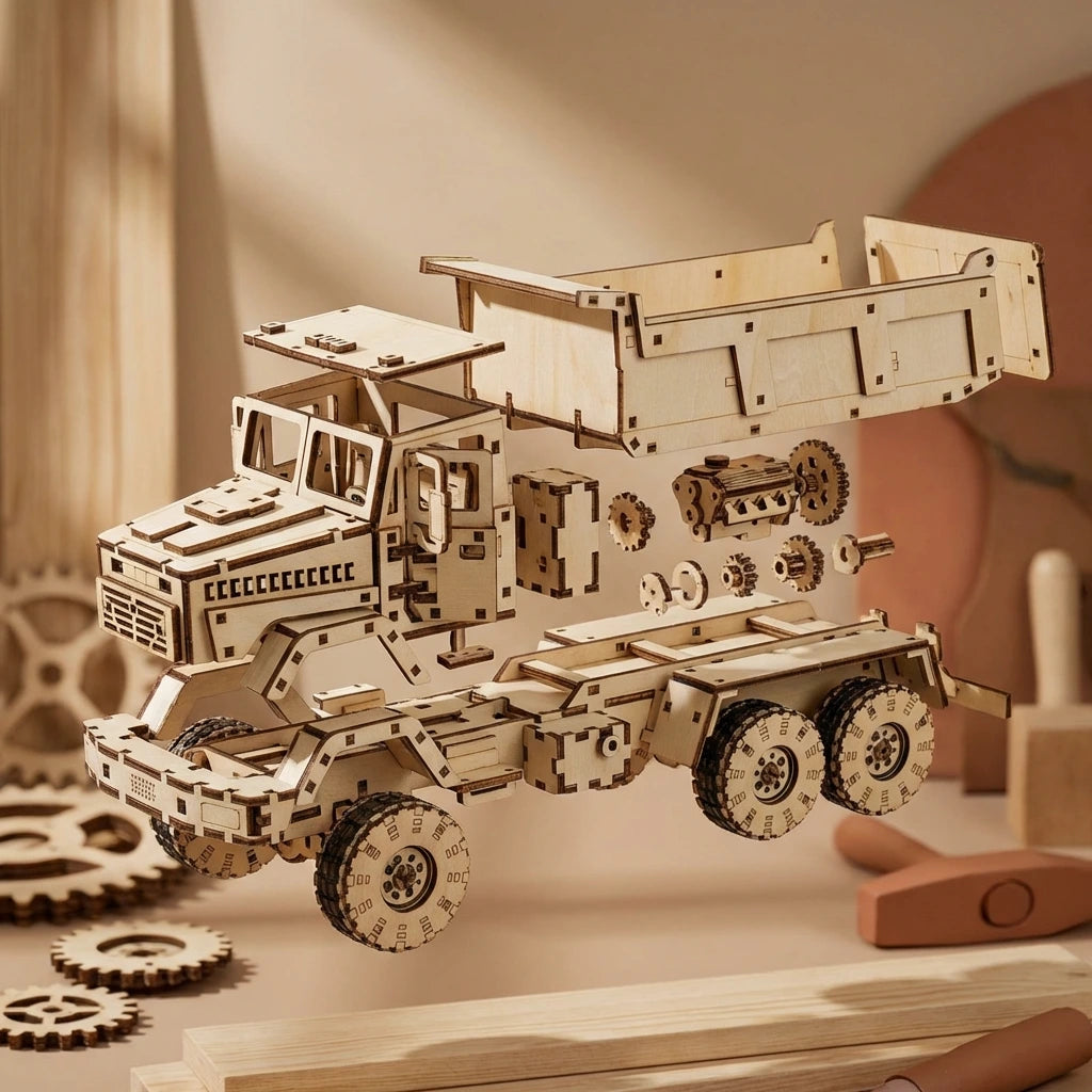 Puzzle 3D en bois thème Véhicule de chantier, vue Éclatée, éclairage externe mettant en valeur la maquette, décoration Nook-It