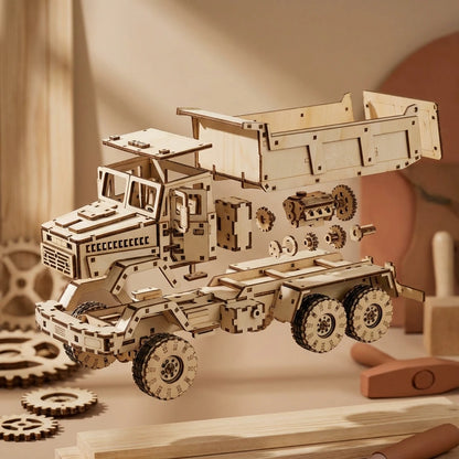 Puzzle 3D en bois thème Véhicule de chantier, vue Éclatée, éclairage externe mettant en valeur la maquette, décoration Nook-It
