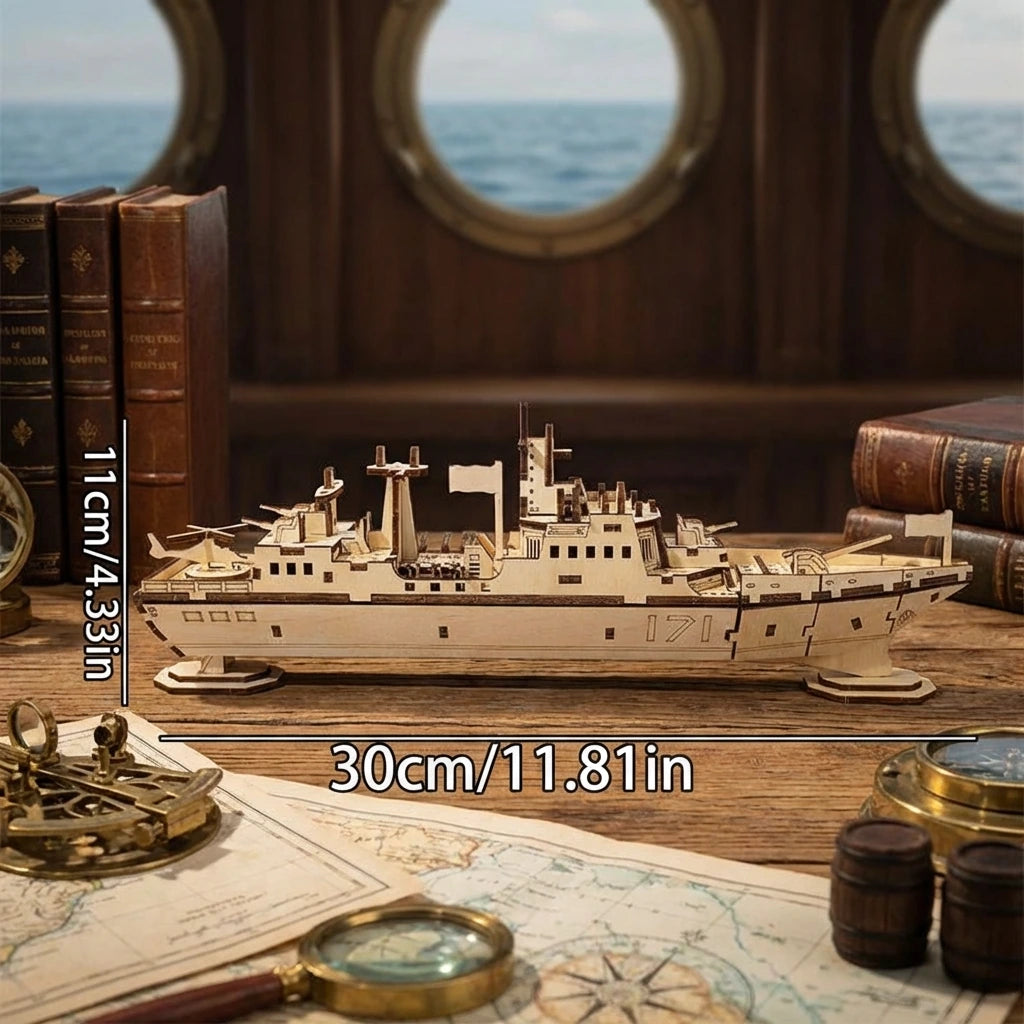 Puzzle 3D en bois thème Navire de guerre, vue Vue avec Dimensions, éclairage externe mettant en valeur la maquette, décoration