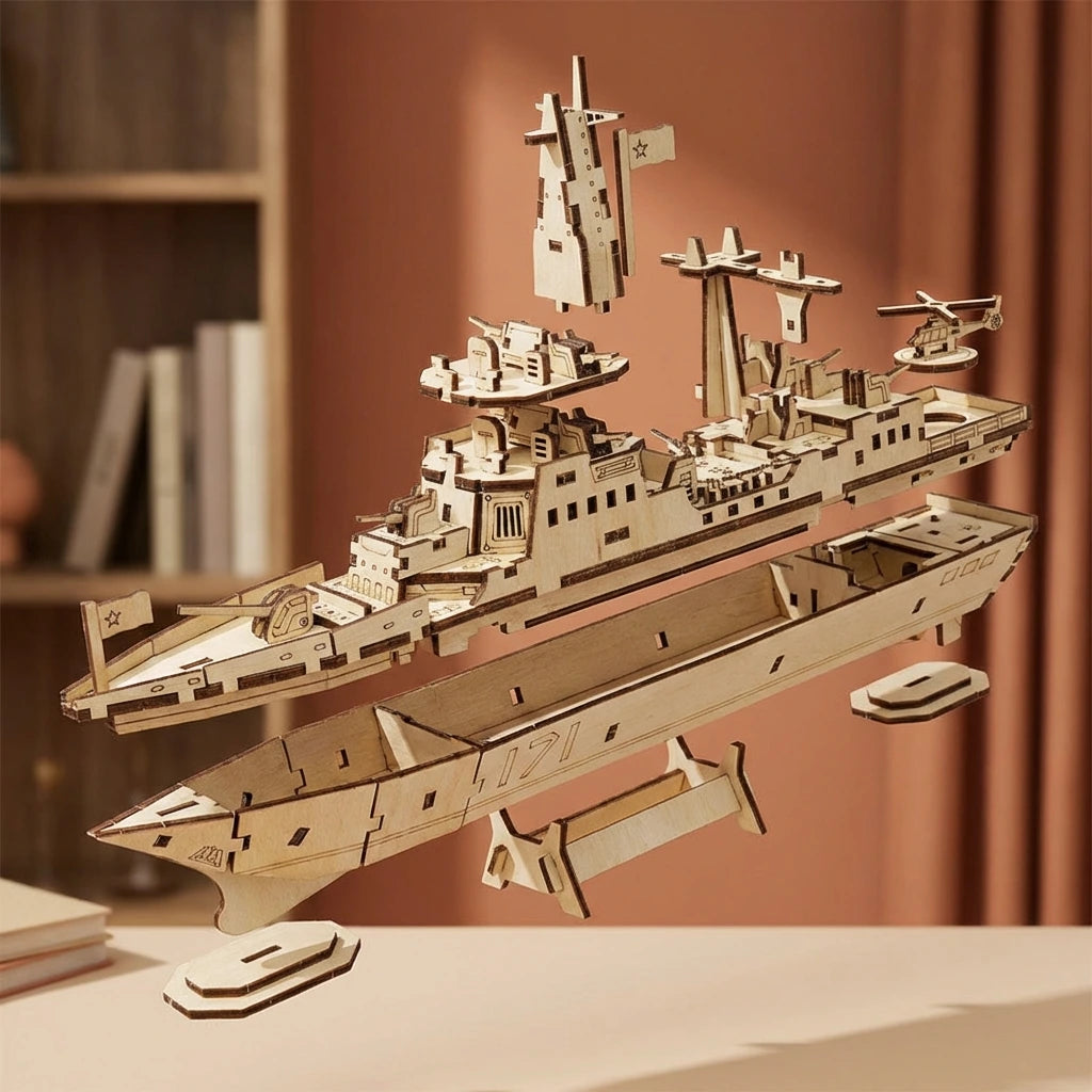 Puzzle 3D en bois thème Navire de guerre, vue Éclatée, éclairage externe mettant en valeur la maquette, décoration Nook-It