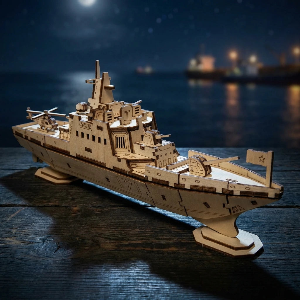 Puzzle 3D en bois thème Navire de guerre, vue Ambiance Nuit, éclairage externe mettant en valeur la maquette, décoration Nook-It