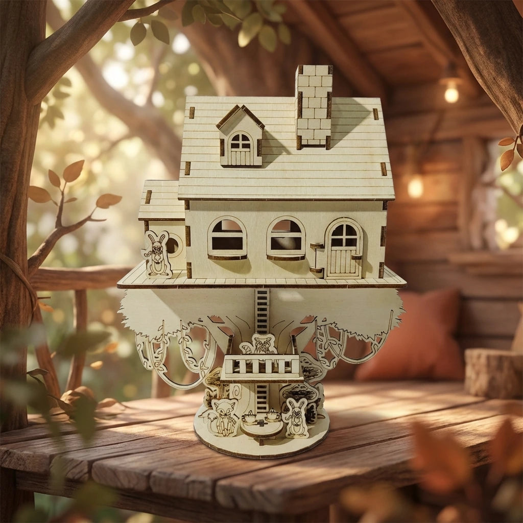 Puzzle 3D en bois thème Cabane dans les arbres, vue Face, éclairage externe mettant en valeur la maquette, décoration Nook-It