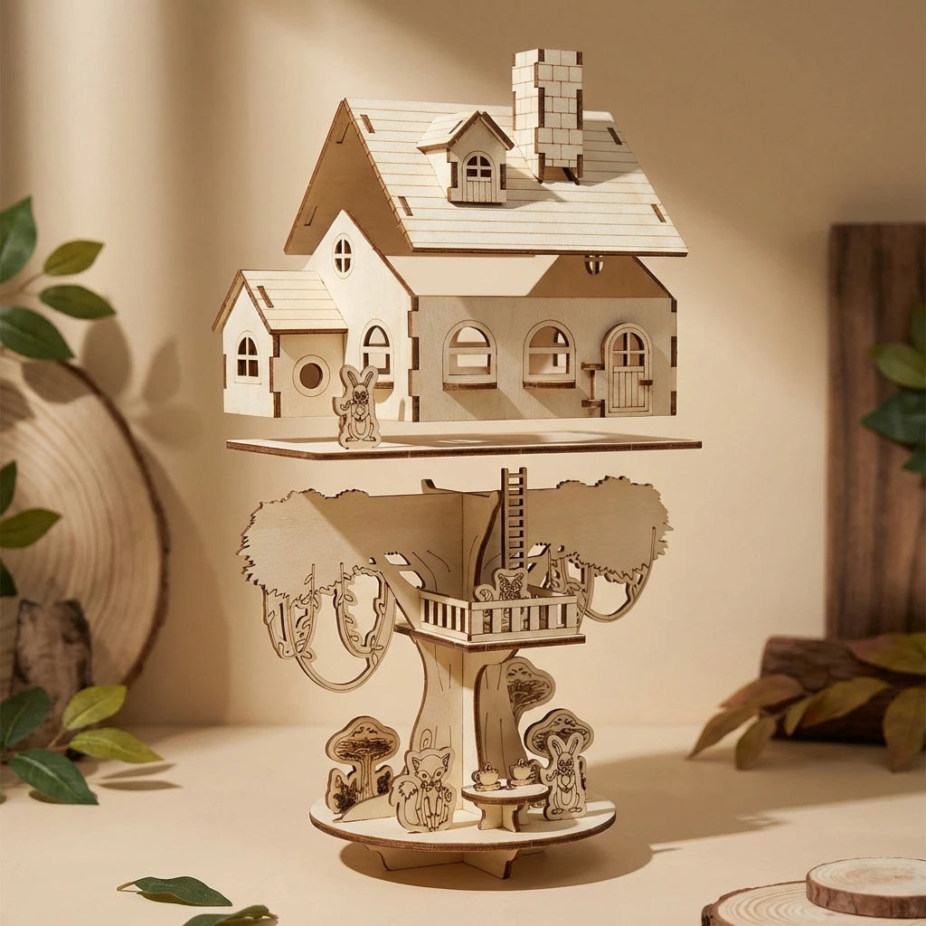 Puzzle 3D en bois thème Cabane dans les arbres, vue Vue Éclatée, éclairage externe mettant en valeur la maquette, décoration
