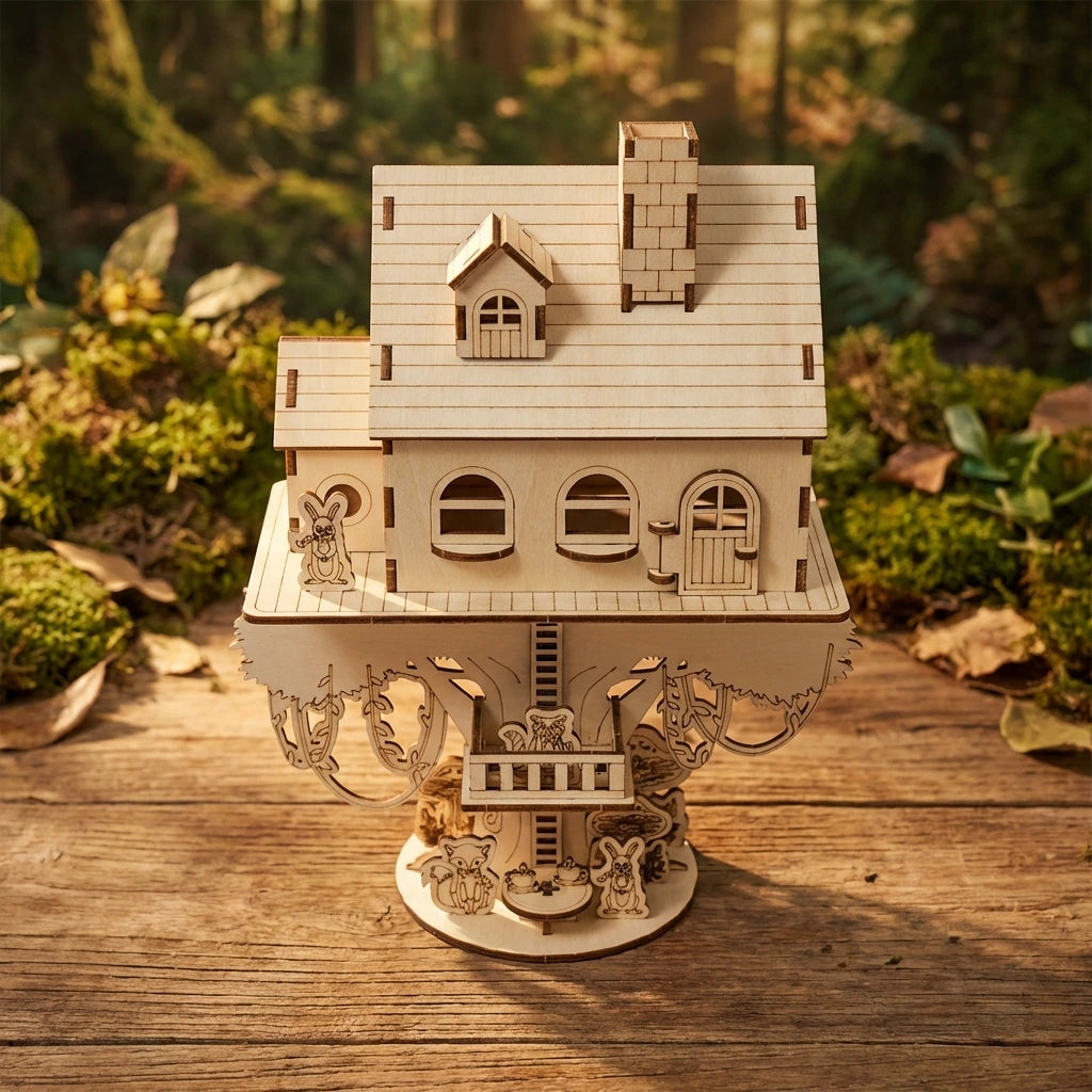 Puzzle 3D en bois thème Cabane dans les arbres, vue Vue Plongeante, éclairage externe mettant en valeur la maquette, décorati