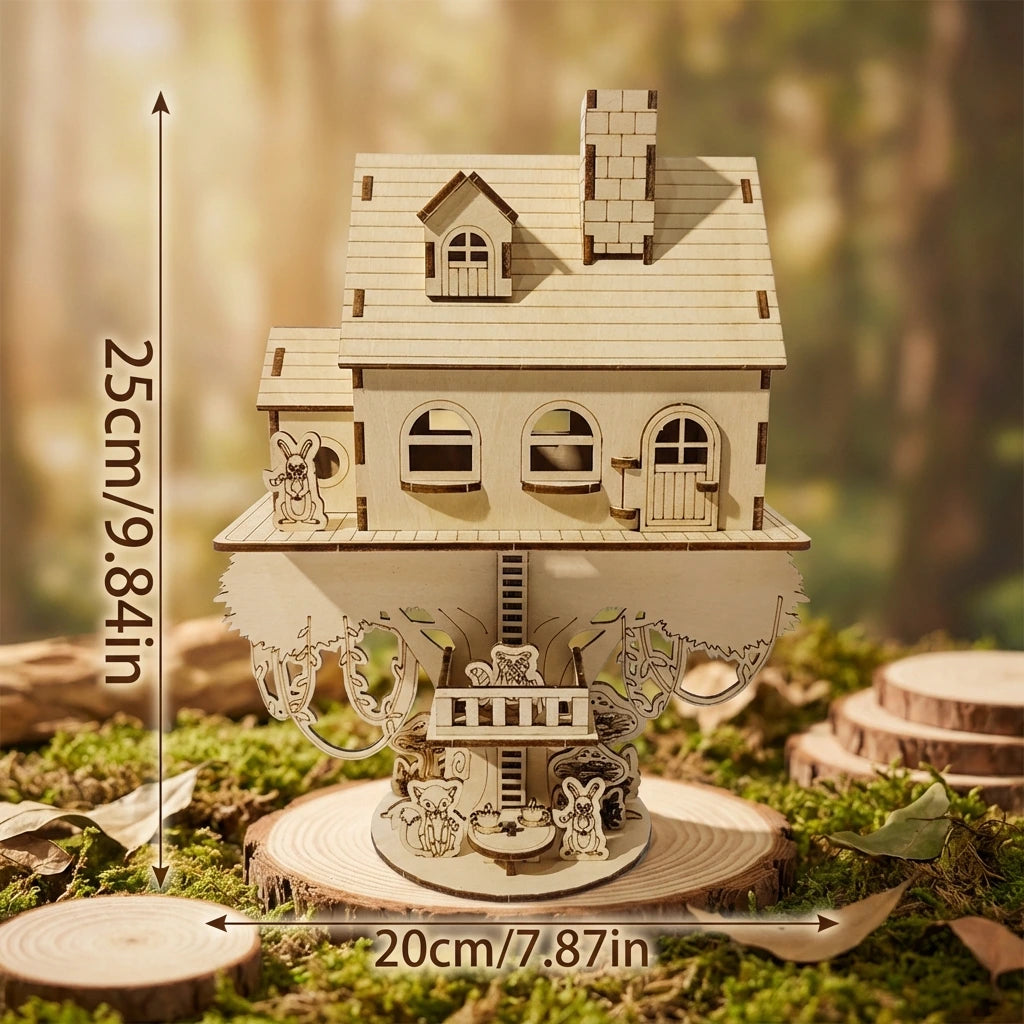 Puzzle 3D en bois thème Cabane dans les arbres, Vue avec Dimensions, éclairage externe mettant en valeur la maquette