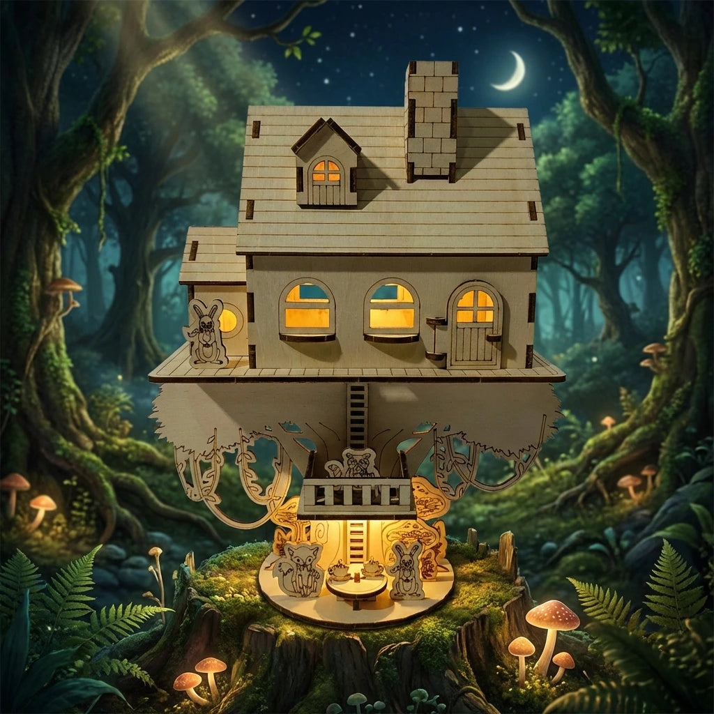 Puzzle 3D en bois thème Cabane dans les arbres, vue Ambiance Nuit, éclairage externe mettant en valeur la maquette