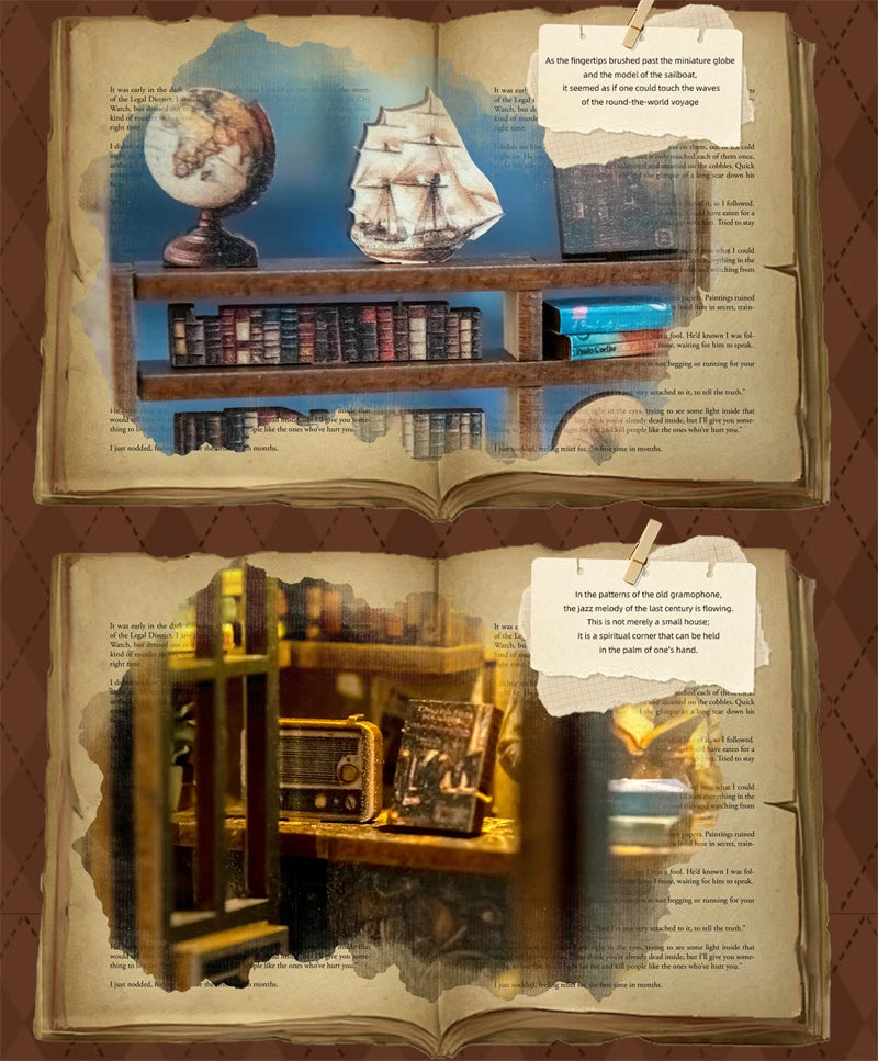 Book Nook La Coupole du Savoir – détail des étagères avec globe terrestre et voilier miniature – book nook DIY bois