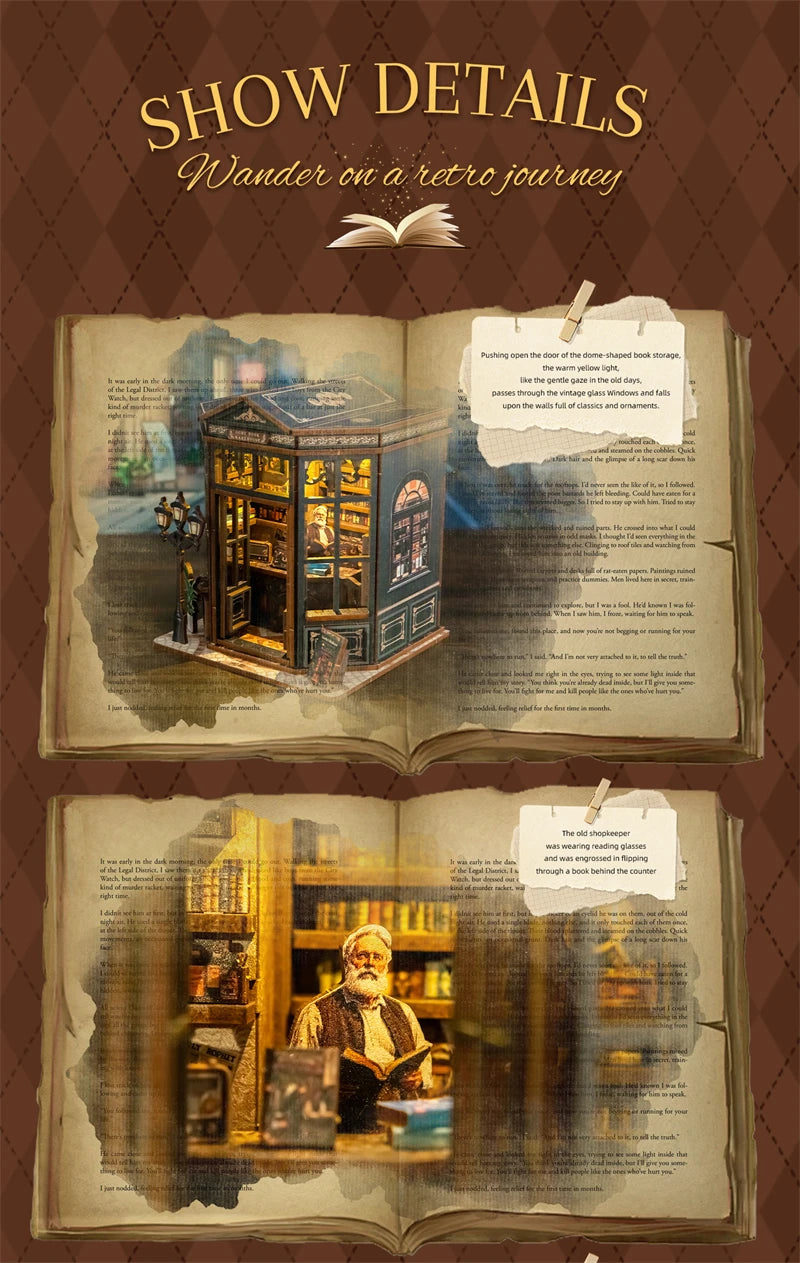 Book Nook La Coupole du Savoir – planche de présentation des détails intérieurs – book nook DIY bois librairie
