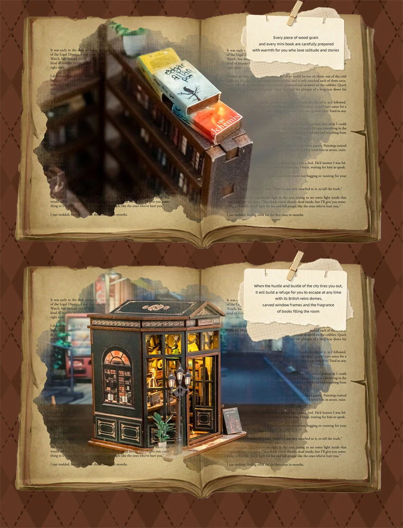 Book Nook La Coupole du Savoir – détail des livres miniatures colorés et de la façade éclairée – book nook DIY bois
