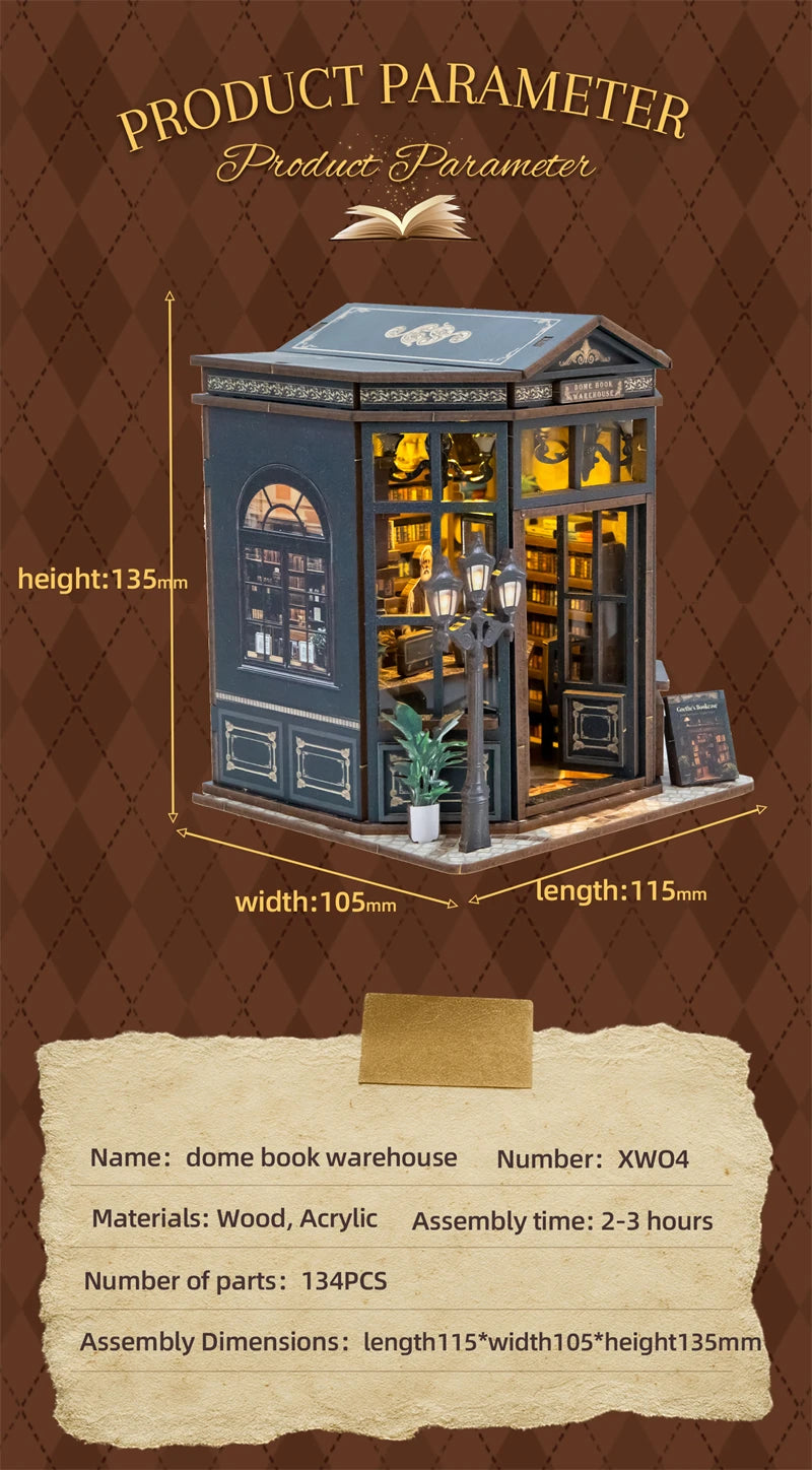 Book Nook La Coupole du Savoir – fiche technique : 115 x 105 x 135 mm, 134 pièces, 2 à 3 heures de montage – book nook DIY bois
