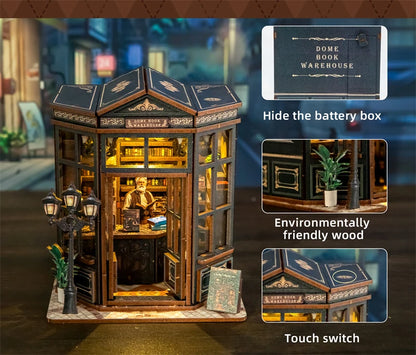 Book Nook La Coupole du Savoir – caractéristiques : boîtier à piles dissimulé, bois écologique et interrupteur tactile – book nook DIY bois