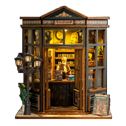 Book Nook La Coupole du Savoir – façade complète éclairée avec lampadaire et vitrines – book nook DIY bois librairie