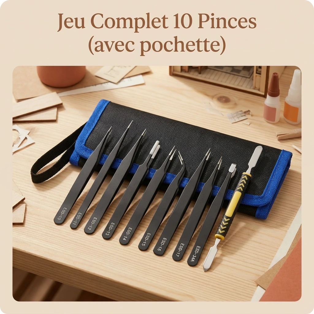 Set de 10 pinces de précision avec leu pochette. outil pour montage de précision de maquette book nook et puzzle 3D en bois Nook-It