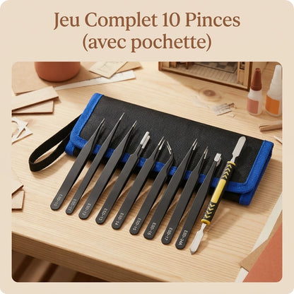 Set de 10 pinces de précision avec leu pochette. outil pour montage de précision de maquette book nook et puzzle 3D en bois Nook-It