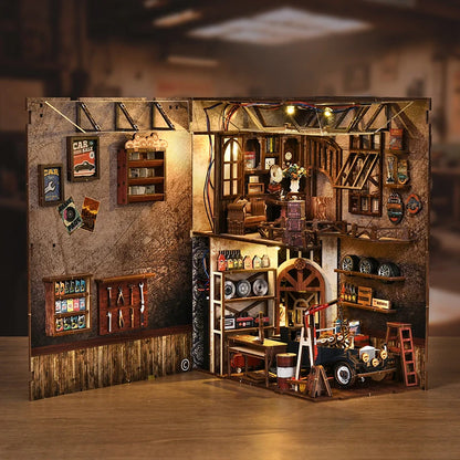 Book Nook en bois thème L'Atelier de Réparation Vintage, Vue Éclatée, éclairage LED chaleureux, décoration Nook-It.