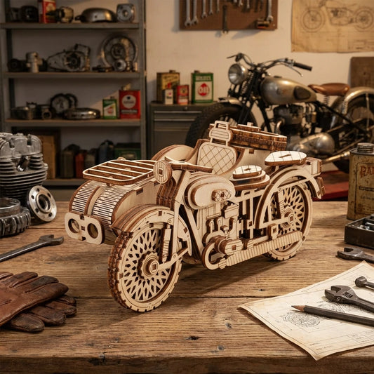 Puzzle 3D en bois thème Moto, vue Angle 45°, éclairage externe mettant en valeur la maquette, décoration Nook-It.