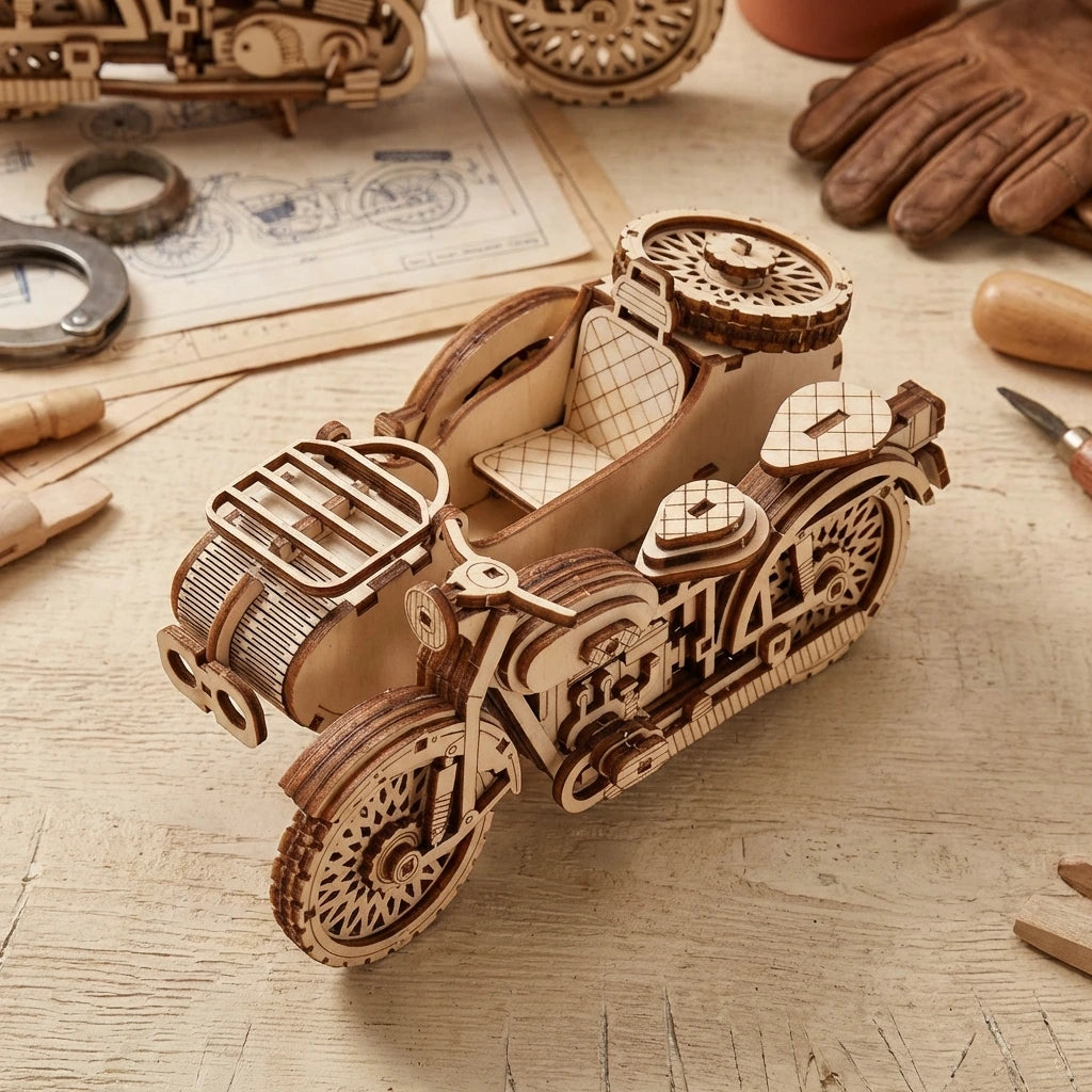 Puzzle 3D en bois thème Moto, vue Plongeante, éclairage externe mettant en valeur la maquette, décoration Nook-It.