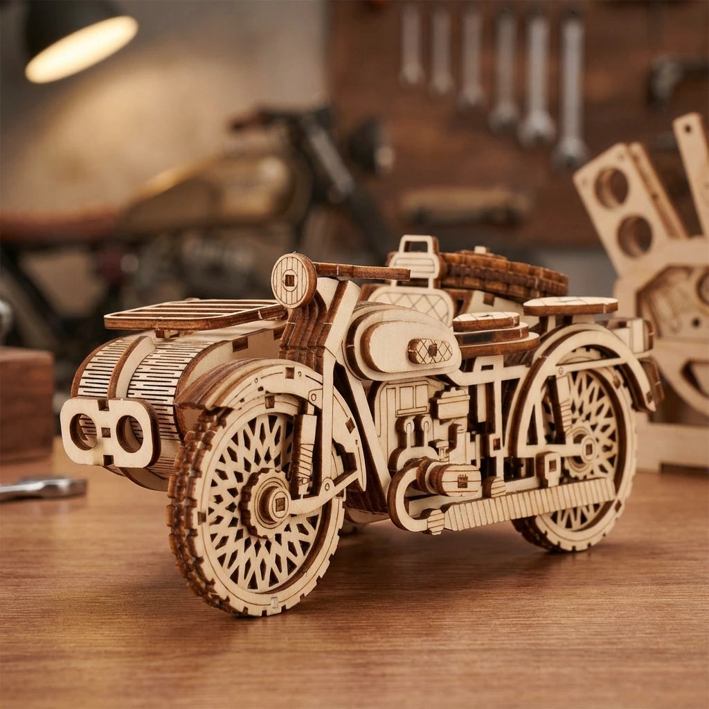 Puzzle 3D en bois thème Moto, vue Face, éclairage externe mettant en valeur la maquette, décoration Nook-It.