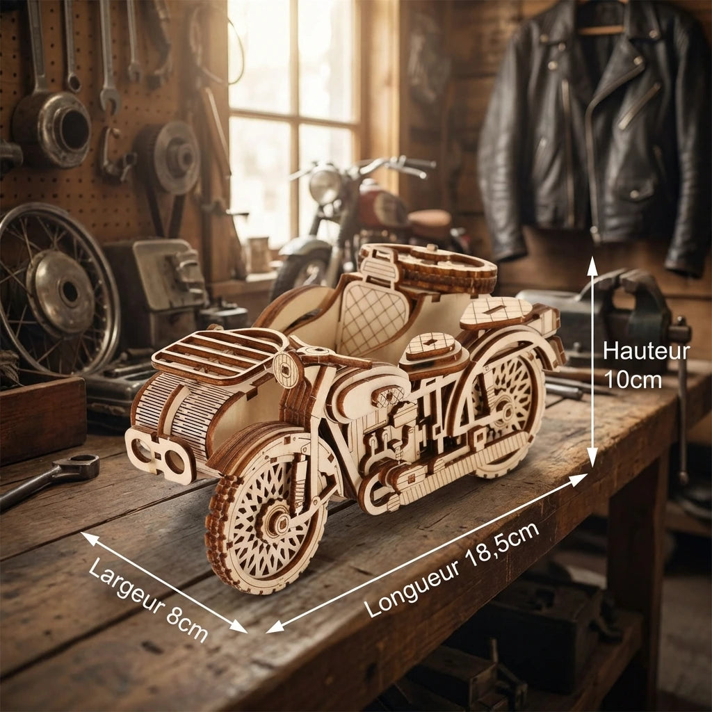 Puzzle 3D en bois thème Moto, vue avec dimensions, éclairage mettant en valeur la maquette, décoration Nook-It.