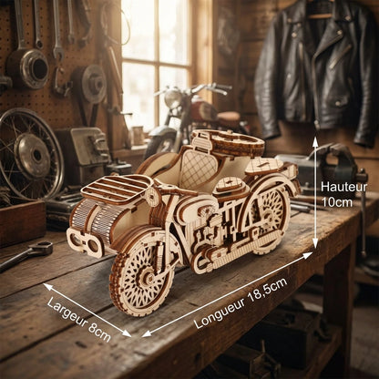 Puzzle 3D en bois thème Moto, vue avec dimensions, éclairage mettant en valeur la maquette, décoration Nook-It.