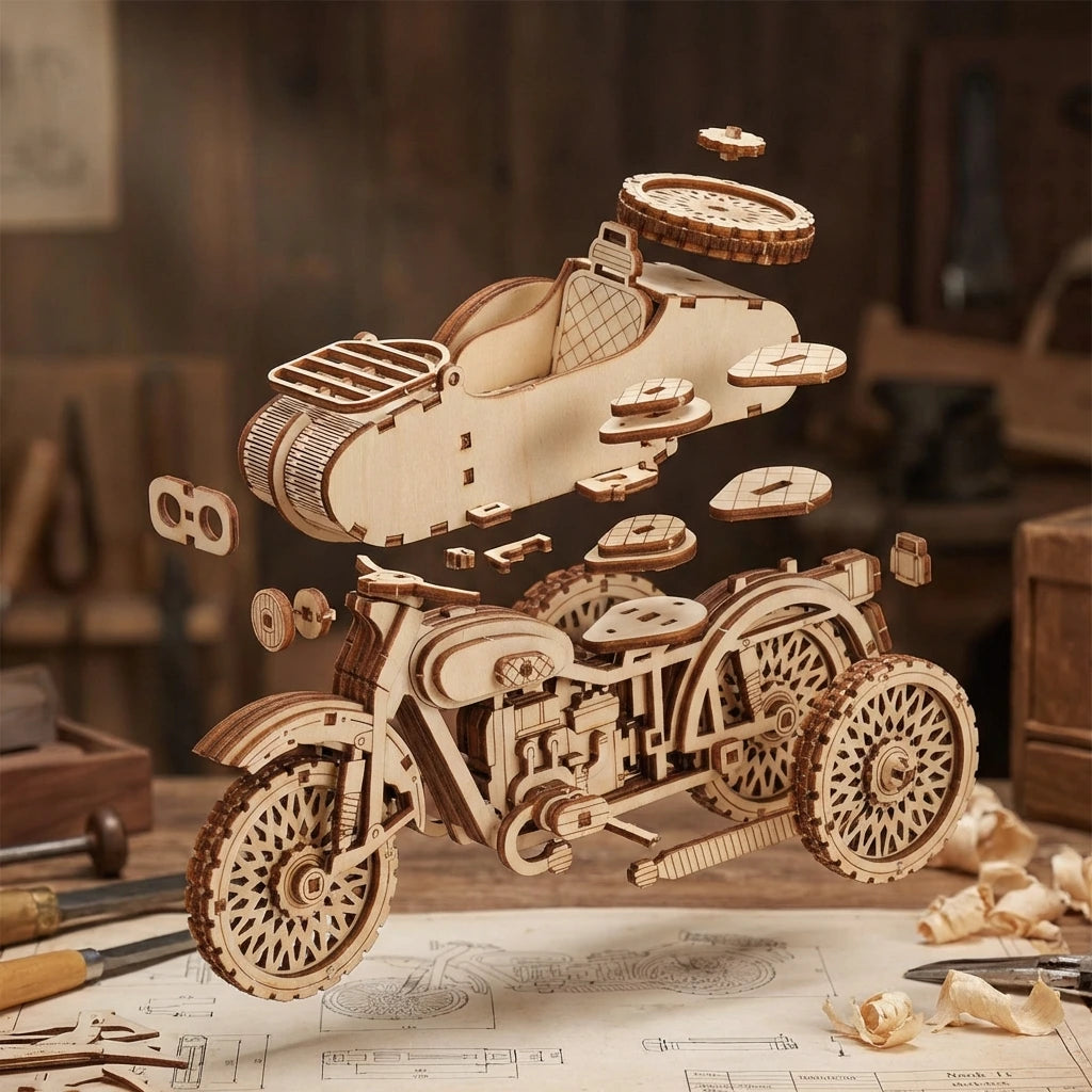 Puzzle 3D en bois thème Moto, vue Vue Éclatée, éclairage externe mettant en valeur la maquette, décoration Nook-It.
