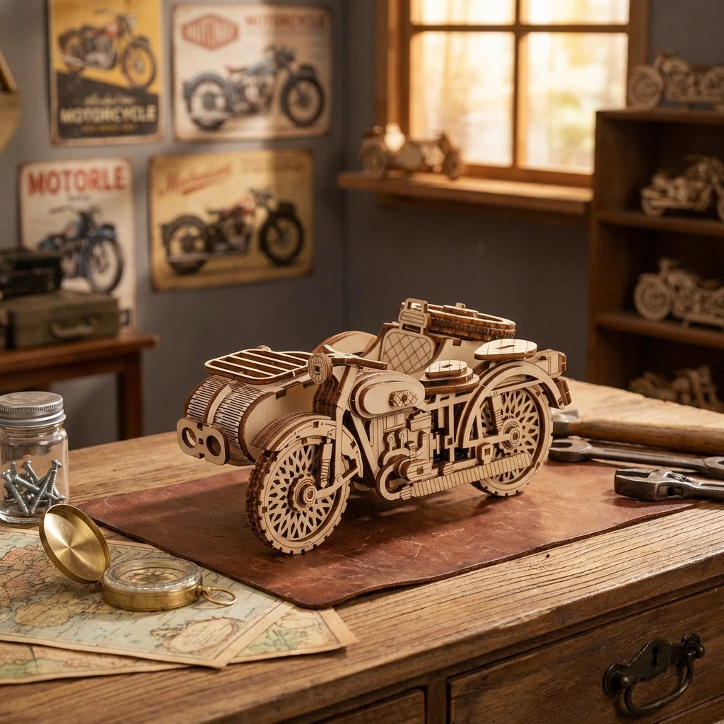 Puzzle 3D en bois thème Moto, vue posée en démo, éclairage mettant en valeur la maquette, décoration Nook-It.