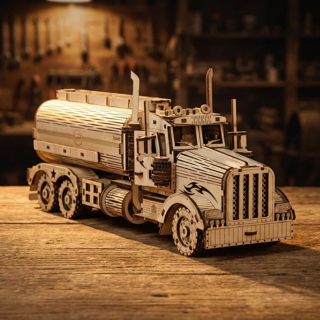 Puzzle 3D en bois thème Camion citerne, vue Ambiance Nuit, éclairage externe mettant en valeur la maquette, décoration Nook-It.
