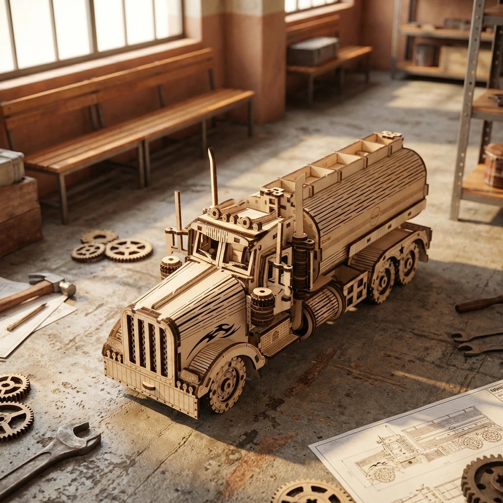 Puzzle 3D en bois thème Camion citerne, vue Vue Plongeante, éclairage externe mettant en valeur la maquette, décoration Nook-It