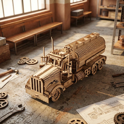 Puzzle 3D en bois thème Camion citerne, vue Vue Plongeante, éclairage externe mettant en valeur la maquette, décoration Nook-It
