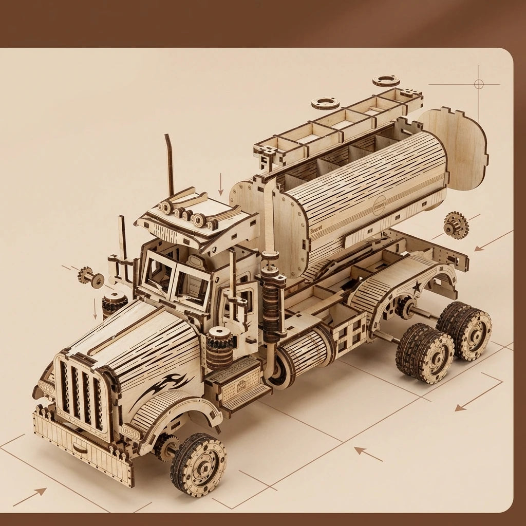 Puzzle 3D en bois thème Camion citerne, vue Vue Éclatée, éclairage externe mettant en valeur la maquette, décoration Nook-It.