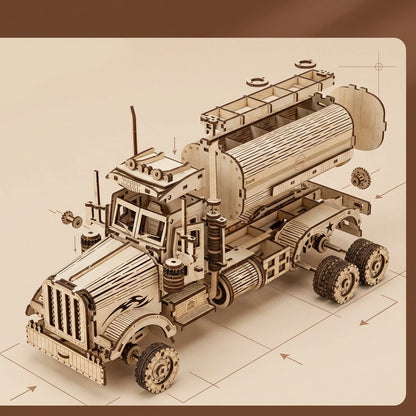 Puzzle 3D en bois thème Camion citerne, vue Vue Éclatée, éclairage externe mettant en valeur la maquette, décoration Nook-It.
