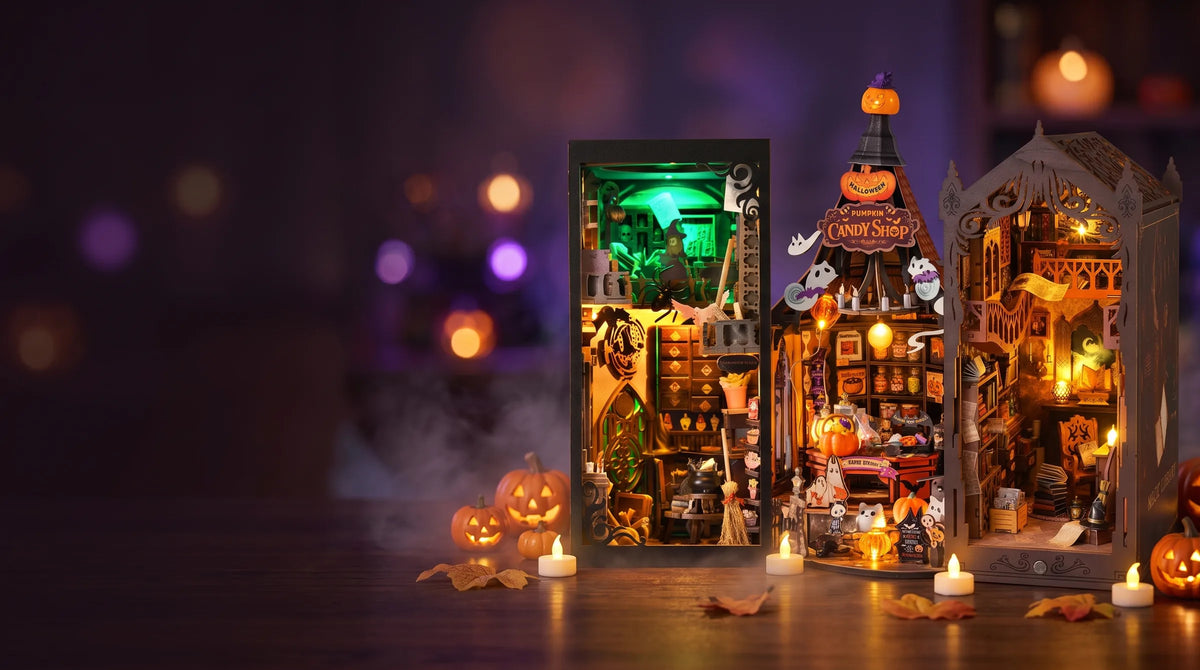 Book nooks Halloween montés et éclairés : maison de sorcière, Candy Shop hantée et bibliothèque des sorciers, entre citrouilles et bougies
