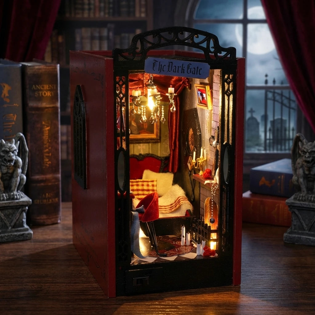 Book Nook en bois thème Antre du Vampire, vue nocturne, ambiance nuit, éclairage LED chaleureux, décoration Nook-It.