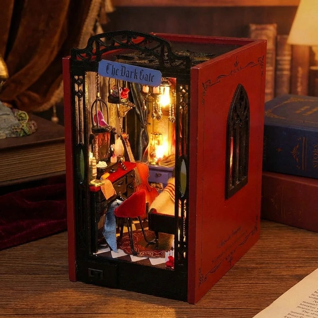 Book Nook en bois thème Antre du Vampire, vue de profil, éclairage LED chaleureux, décoration Nook-It.