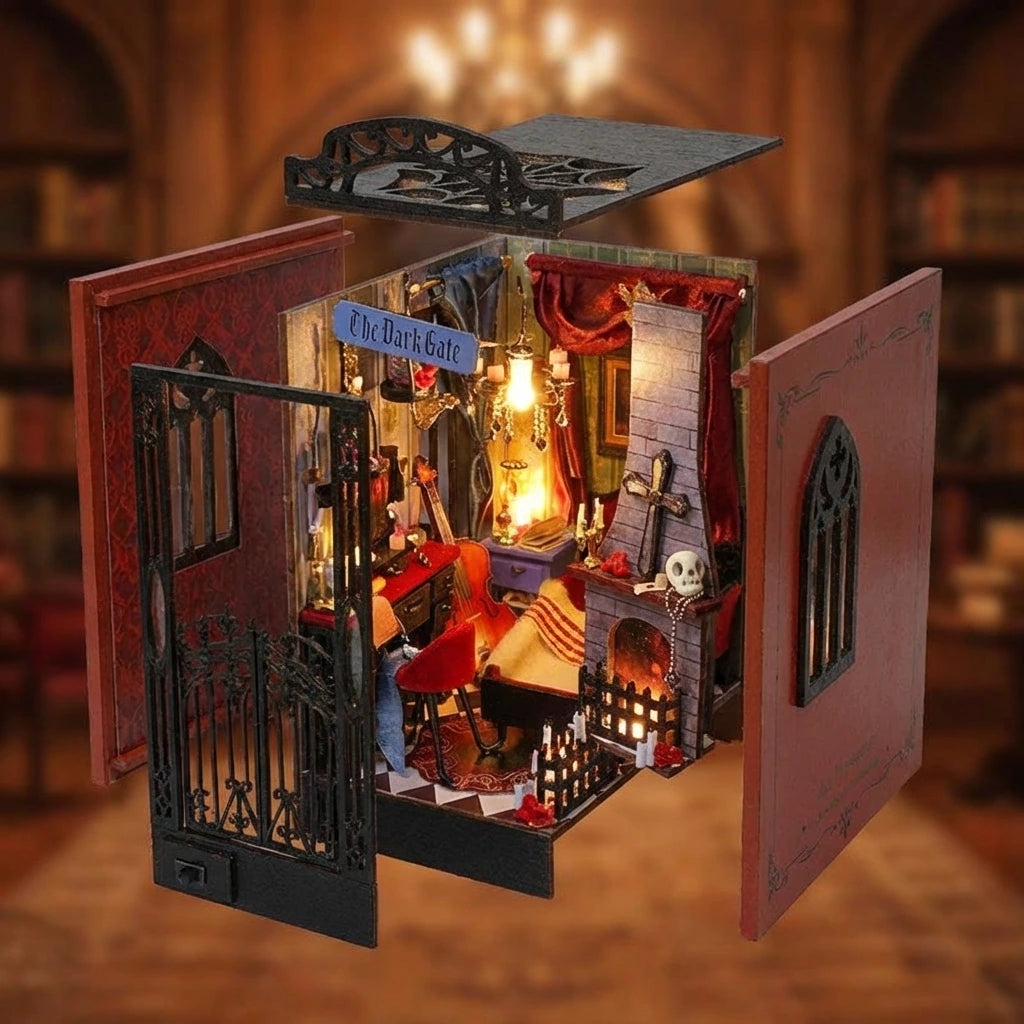 Book Nook en bois thème Antre du Vampire, vue Éclatée, éclairage LED chaleureux, décoration Nook-It.