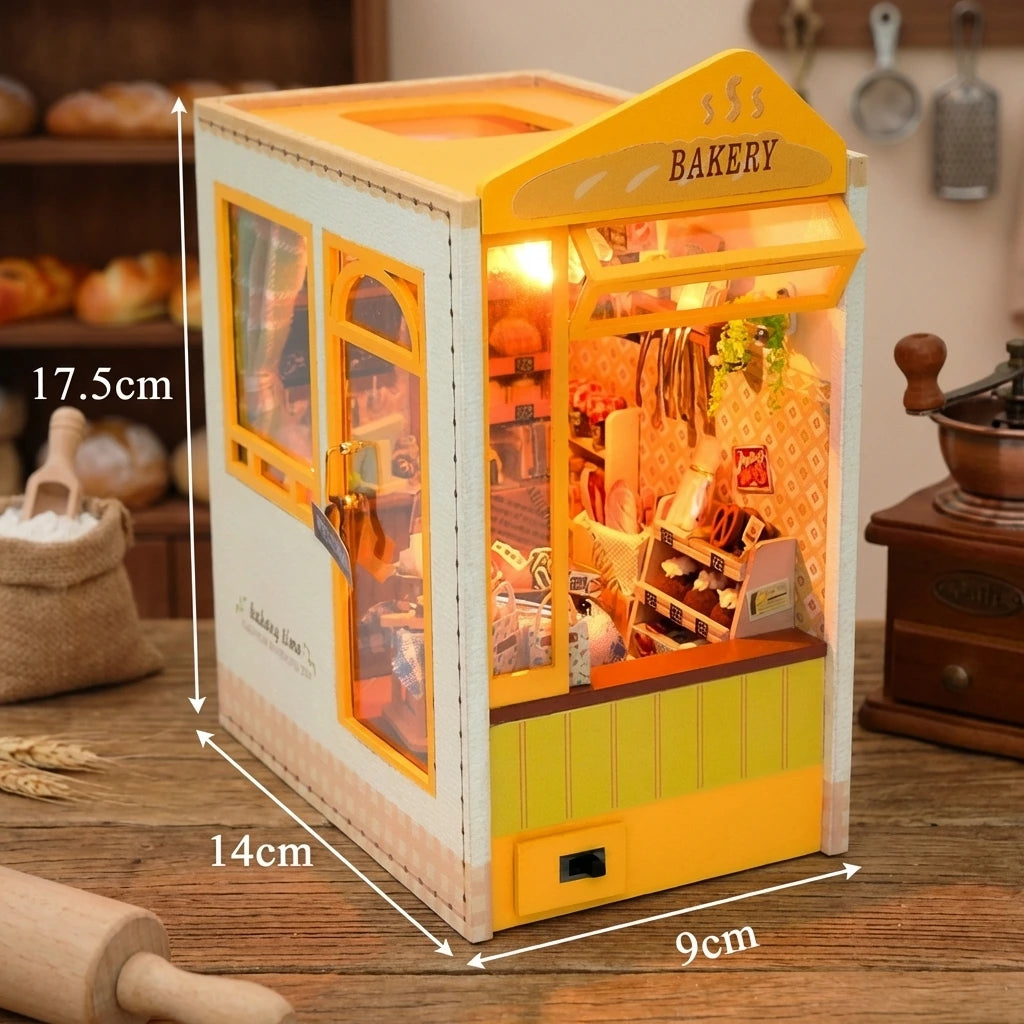 Book Nook en bois thème Bakery Cottage - Boulangerie, vue dimensions, éclairage LED chaleureux, décoration Nook-It.
