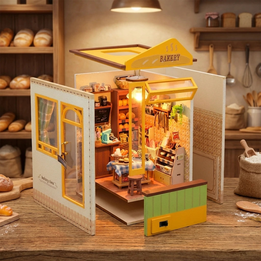 Book Nook en bois thème Bakery Cottage - Boulangerie, vue Éclatée, éclairage LED chaleureux, décoration Nook-It.